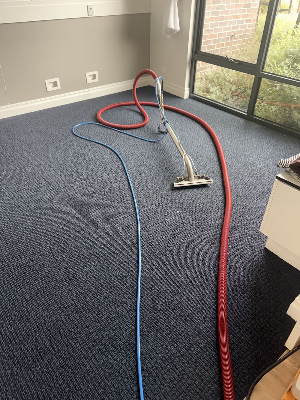 Dark blue carpet mid clean, with the hoses and wand on the floor