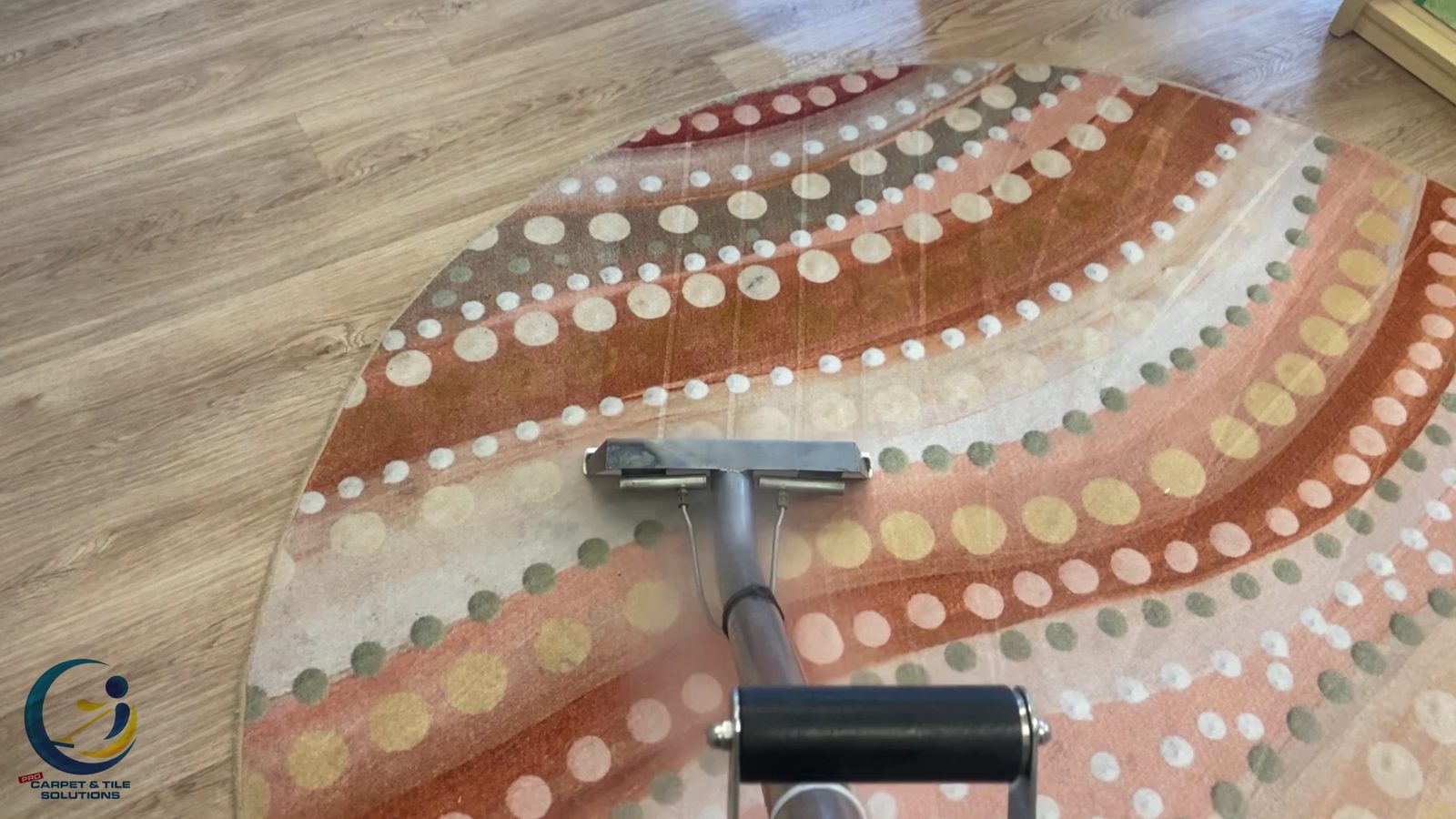 Patterned rug being steam cleaned with a wand